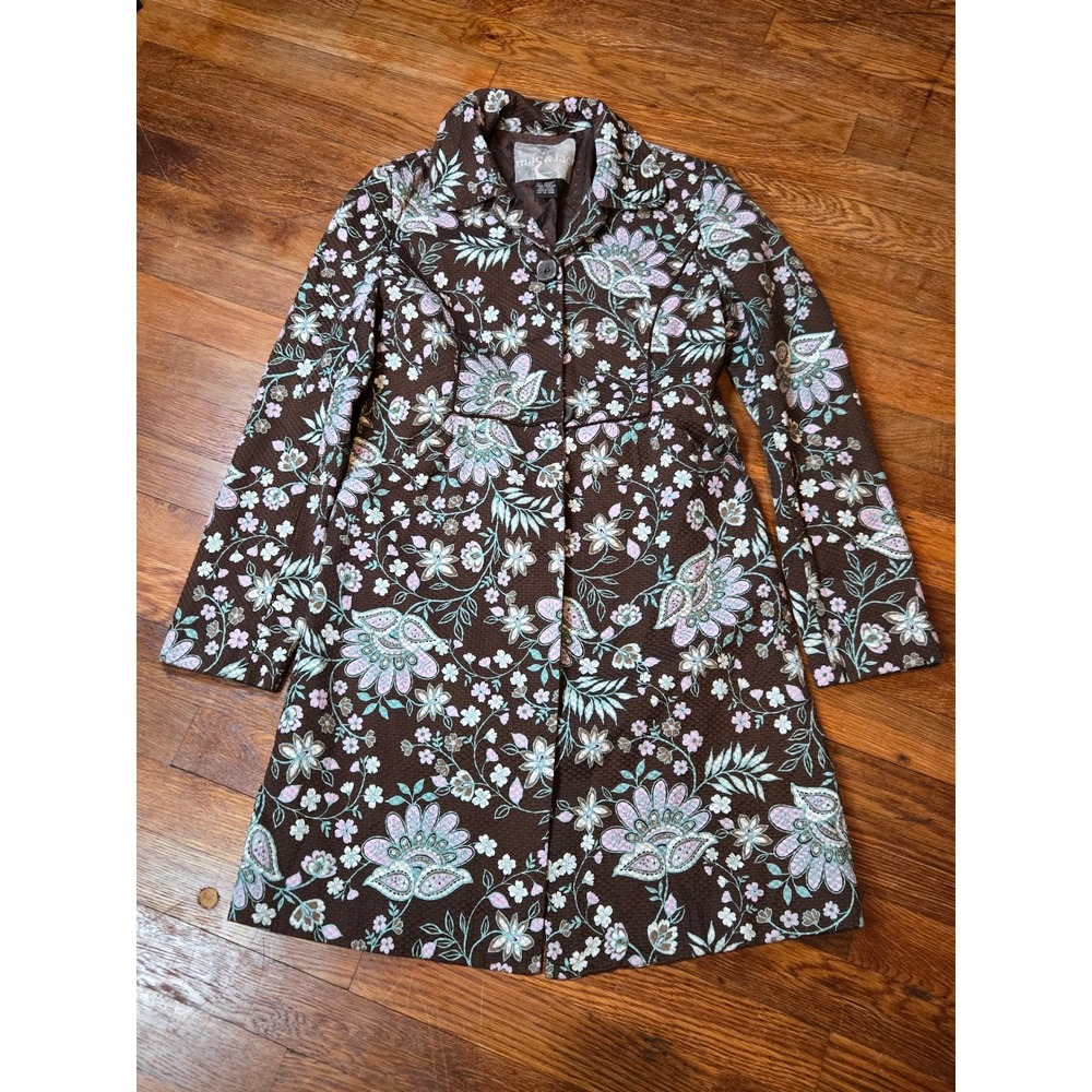 Mac & Jac Brown Floral Paisley Cotton Trench Coat Boho Shady Chic Lined Size 4